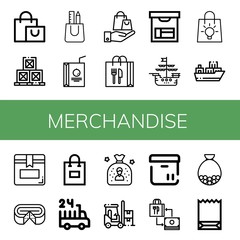 Poster - Set of merchandise icons such as Shopping bag, Boxes, Bag, Juice box, Box, Ship, Cargo ship, Cheese, hours delivery, Forklift, Paper bag , merchandise