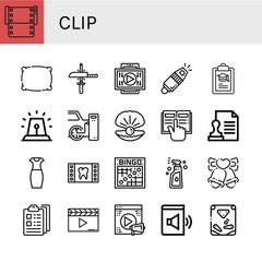 Sticker - Set of clip icons such as Film, Pillow, Sharpening, Video, Whistle, Clipboard, Alarm, Tires, Oyster, Reading, Stamp, Pencil dress, Bingo, Spray, Bells, Clapperboard, Audio book , clip