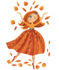 Autumn fairy girl throwing leaves. Hand drawn illustration.