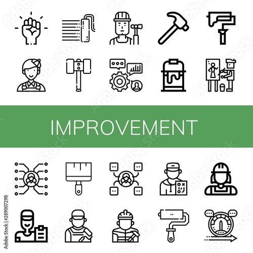Set Of Improvement Icons Such As Motivation Painter Paint Roller Hammer Builder Skills Paint Bucket Skill Coach Painting Brush Roller Paint Plumber Speed Improvement Buy This Stock Vector And Explore
