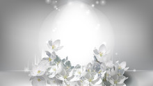 Cosmetic Realistic Silver Vector Poster With Shining Light In Center And Falling White Jasmine Flowers. Promo Banner Template With Flying Flower For Advertising Of Natural Or Organic Cosmetics Product