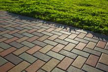 Colorful Cobblestone Road Pavement And Lawn Divided By A Concrete Curb. Backlight.