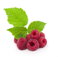 Poster - Raspberry with leaves isolated on white background.