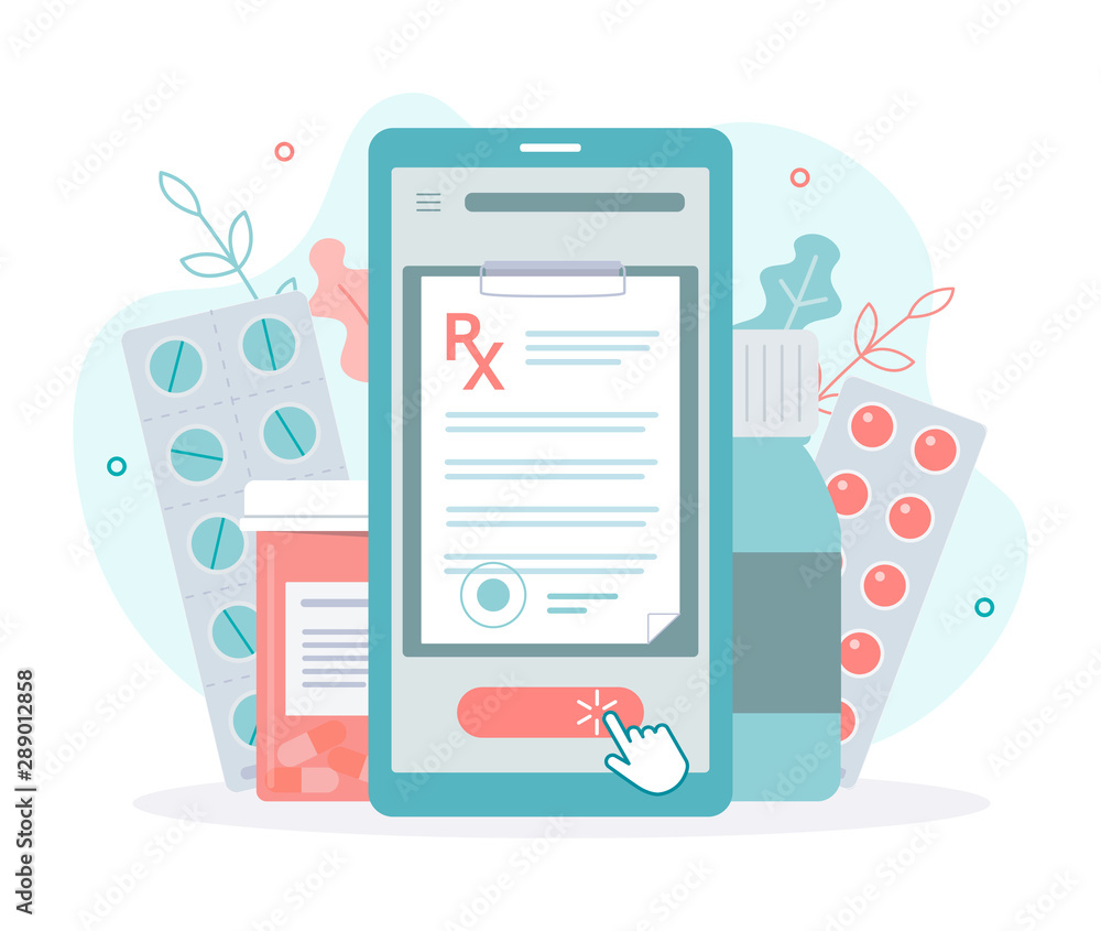 Getting a medical prescription online in one click from your smartphone. Medical concept. Flat vector illustration. - obrazy, fototapety, plakaty 
