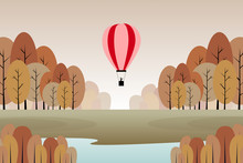 Scenery Autumn Forest Landscape With Silhouette Rabbit On Red Balloon In Sky