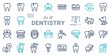 Vector set of flat graphic icon, line, contour, thin design. Dental, dentist. Element, emblem, symbol, logo. Disease, care, dental treatment. Prosthetics, teeth whitening, removal. Web site.