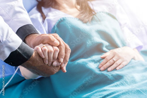 Fotomural Male doctor holding female patient hand on the hospital bed.