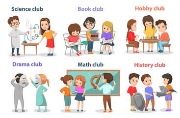  Science and book, hobby and drama, math and history club. School element, girl and boy learning chemistry, playing chess, reading book, pupil vector. Back to school concept. Flat cartoon