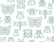Insects seamless pattern with flat line icons. Background - butterfly, bug, dung beetle, scarab, bee, ladybug vector illustrations. Outline signs of field insect