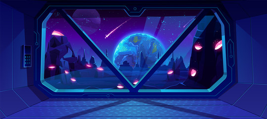 spaceship view on earth at night from alien planet with craters, neon space background with falling 