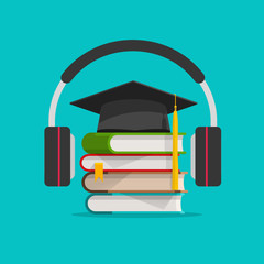 Wall Mural - Electronic audio learning or studying online vector illustration, flat cartoon headphones and books stack and graduation hat, idea of podcast study or electronic learning, listening education courses