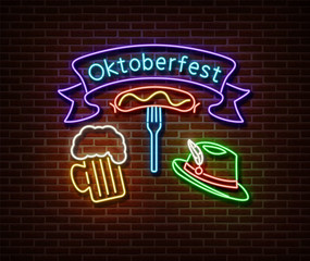 Wall Mural - Neon Oktoberfest signs vector isolated on brick wall. Germany holiday light symbol, festival decoration effect. Neon oktoberfest illustration.