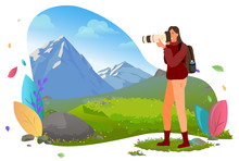 Photographer With Photo Camera In Mountains Vector. Traveler Shooting Or Photographing Wild Nature Andscape, Photography And Shots, Focus And Composition. Mountain Tourism. Flat Cartoon
