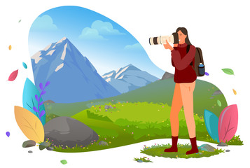 Photographer with photo camera in mountains vector. Traveler shooting or photographing wild nature andscape, photography and shots, focus and composition. Mountain tourism. Flat cartoon