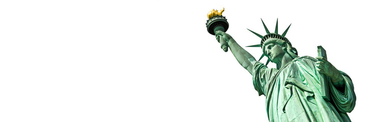 Statue of Liberty in New York, isolated on white  panoramic background with copy space