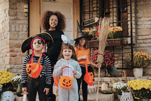 Children In Halloween Costumes, Trick Or Treating 