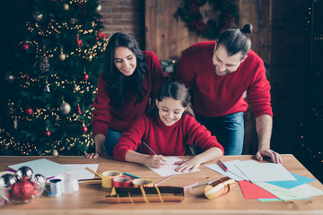 Poster - Photo of cheerful cute beautiful beaming comfort affectionate people wearing jeans denim red sweaters with parents watching their daughter wish present write letter for santa