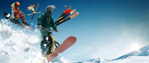 Wall Mural - Skiing, snow scoot, snowboarding.  Extreme winter sports.