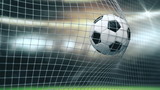 Fototapeta Sport - Soccer Slow Motion Ball flight into Goal Net. 3d rendering Close up success Sport Concept. Fans on Stadium taking pictures with flashes strobe lights. 4k UHD 3840x2160.