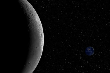 Fototapete - Closeup of the Moon and the small planet Earth against starry night sky background, elements of this image furnished by NASA