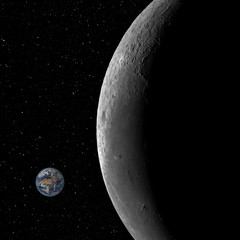 Fototapete - Closeup of the Moon and the small planet Earth against starry night sky background, elements of this image furnished by NASA