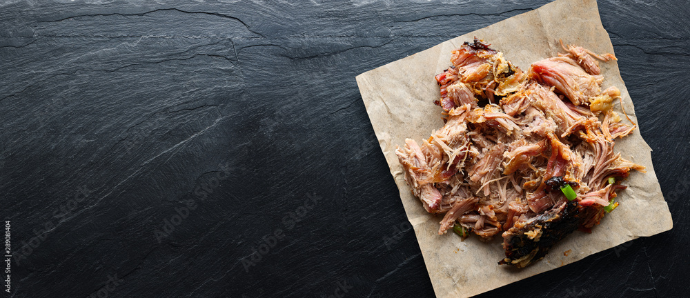 american texas bbq - smoked puilled pork in top down composition with copyspace - obrazy, fototapety, plakaty 
