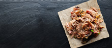 American Texas Bbq - Smoked Puilled Pork In Top Down Composition With Copyspace