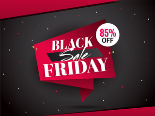 Wall Mural - Black Friday Sale tag or ribbon with 85% discount offer on black and red background decorated with confetti.