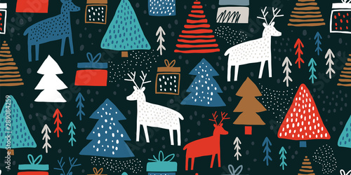 Materiał do szycia Childish seamless pattern with deers and pines