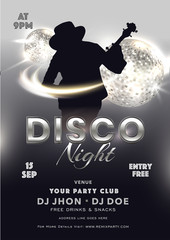 Sticker - Disco Night Party invitation card design with silhouette guy playing guitar, shiny disco balls and event details on grey background.