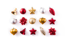 Christmas Red,silver And Golden Decorations Pattern Isolated On White Background