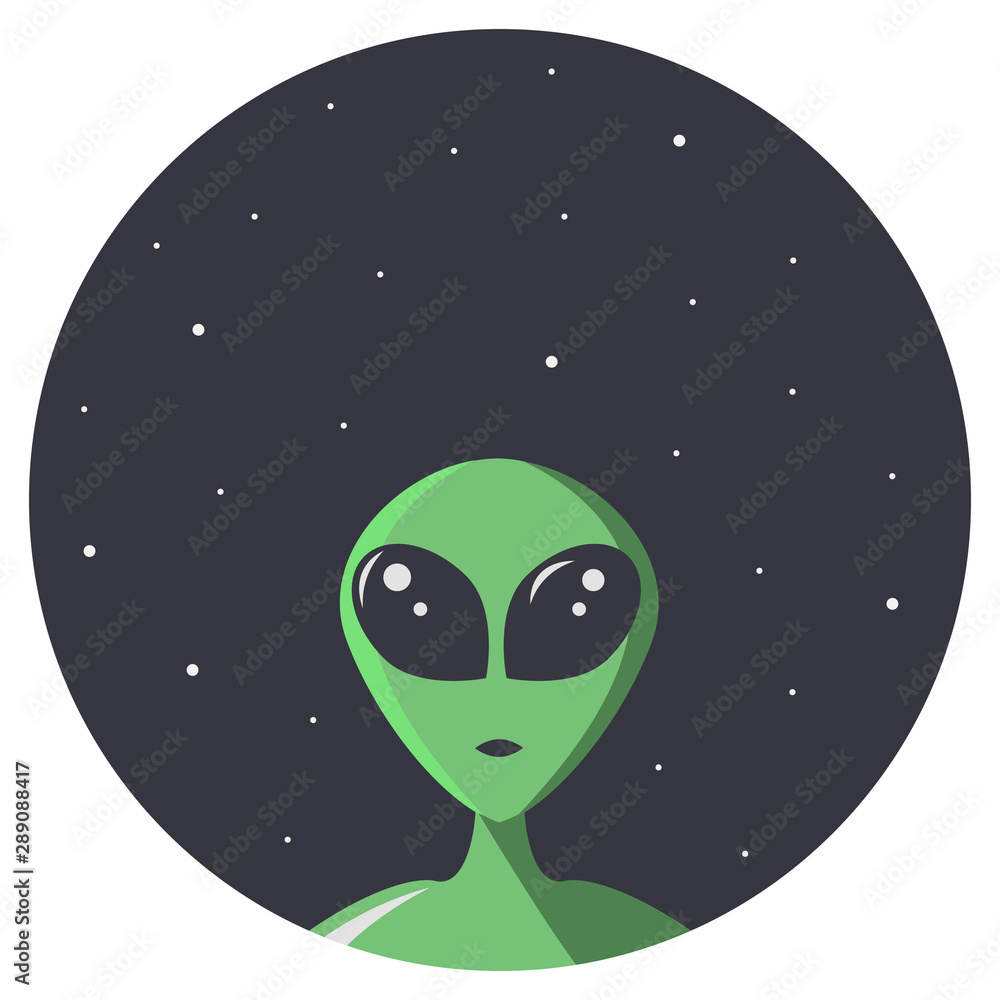 Green alien with big eyes looks at us through the round hole of space ...