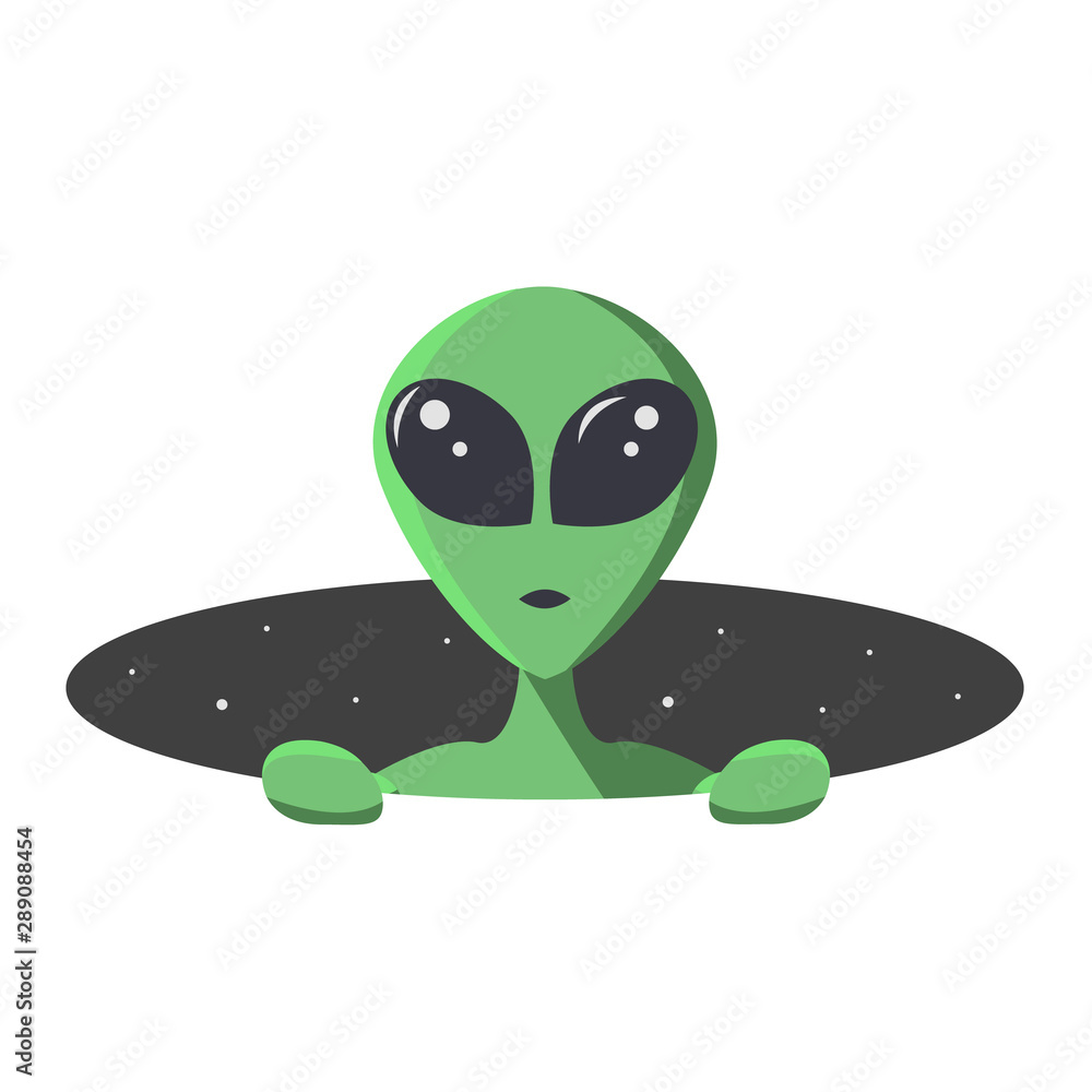Green alien climbs out from the hole of space with stars. Extraterrestrial in flat cartoon style for t-shirt, print or textile.  Vector illustration - obrazy, fototapety, plakaty 