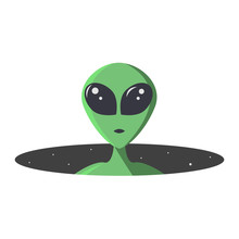 Green Extraterrestrial Looks Out Of A Black Space Hole With A Star. The Alien's Large Eyes Are Sparkling And Friendly. Monster In Flat Cartoon Style For T-shirt, Print Or Textile.Vector Illustration