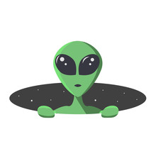 Green Alien Climbs Out From The Hole Of Space With Stars. Extraterrestrial In Flat Cartoon Style For T-shirt, Print Or Textile.  Vector Illustration