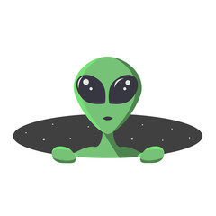 green alien climbs out from the hole of space with stars. extraterrestrial in flat cartoon style for