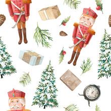 Watercolor Nutcracker Seamless Pattern. Christmas Wallpaper In Vintage Style. Wooden Toy, Fir, Pinecone, Gift Box, Christmas Tree On White Background