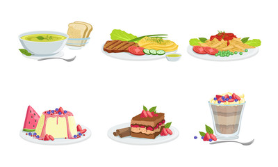 Sticker - Collection of Different Food Set, Delicious Served Food and Desserts Vector Illustration