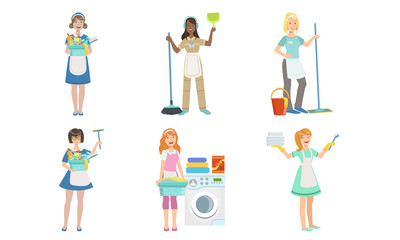 Canvas Print - Female Cleaning Service Workers Doing Various Housework Chores Set, Housewives Characters with Different Equipment Vector Illustration