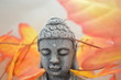 A Buddha head with a stunning Japanese maple leaf background. 