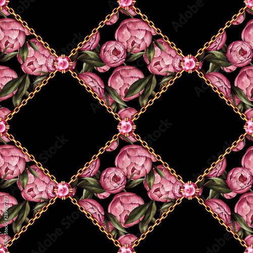 Seamless decorative pattern with peonies and chains