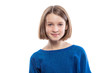 © Анна Демидова - Cute teenager girl in a blue jacket dreamily smiles. Isolated over white background.