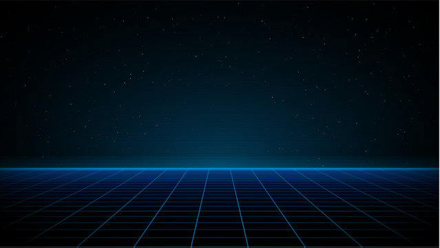 Synthwave vaporwave retrowave cyber background with copy space, laser grid, starry sky, blue glow. Design for poster, cover, wallpaper, web, banner, etc. VHS effect. Eps 10.
