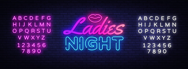 Poster - Ladies Night neon sign vector. Night Party Design template poster neon sign, light banner, nightly bright advertising, light inscription. Vector illustration. Editing text neon sign