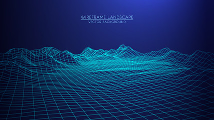 Wall Mural - vector retro futuristic background. abstract digital landscape with particles dots and stars on hori