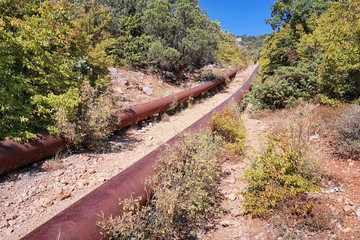 Water pipeline on the surface of the earth among the forest