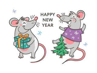 Poster - Template image Happy new year party with rat, white background new year 2020. Funny sketch mouse Vector illustration.