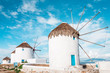 The white windmills of Mykonos Island, Kato Mili close to Little Venice, Cyclades, Greece