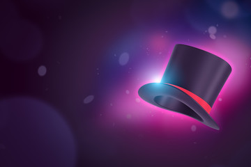 3d rendering of black top hat on dark neon background