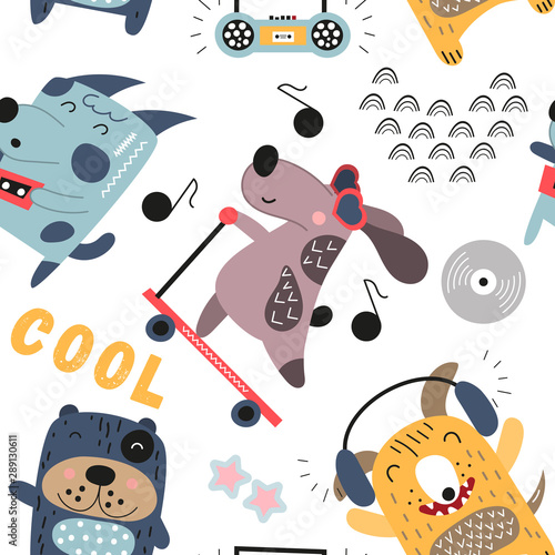 childish-colorful-seamless-pattern-with-cool-dogs-and-music-theme-in-scandinavian-style-vector-illustration-kids-illustration-for-nursery-art-great-for-baby-clothes-greeting-card-wrapping-paper